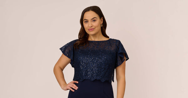 Plus Size Sequined Guipure Lace Popover Stretch Knit Crepe Short Sheath  Dress In Navy