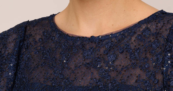 Sequined Guipure Lace Popover Stretch Knit Crepe Short Sheath Dress In Navy