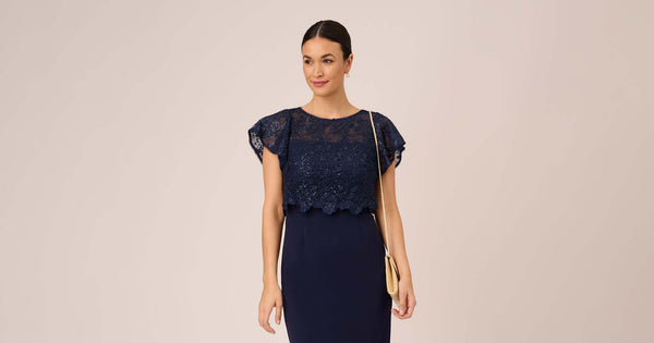 Sequined Guipure Lace Popover Stretch Knit Crepe Short Sheath Dress In Navy
