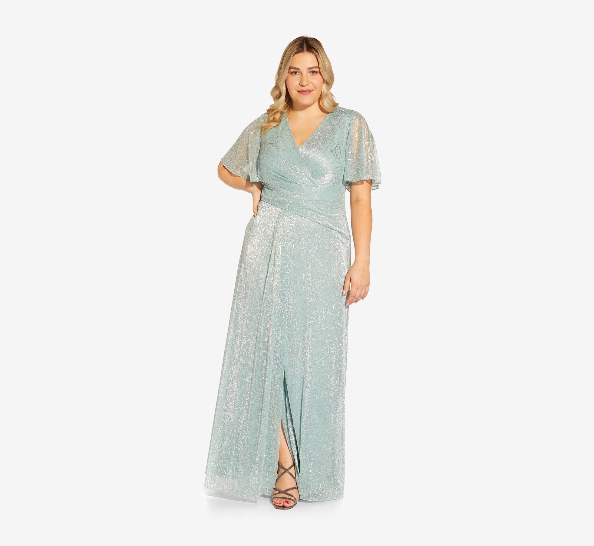 metallic wrap dress plus size Adrianna Papell Metallic Mesh Draped Gown