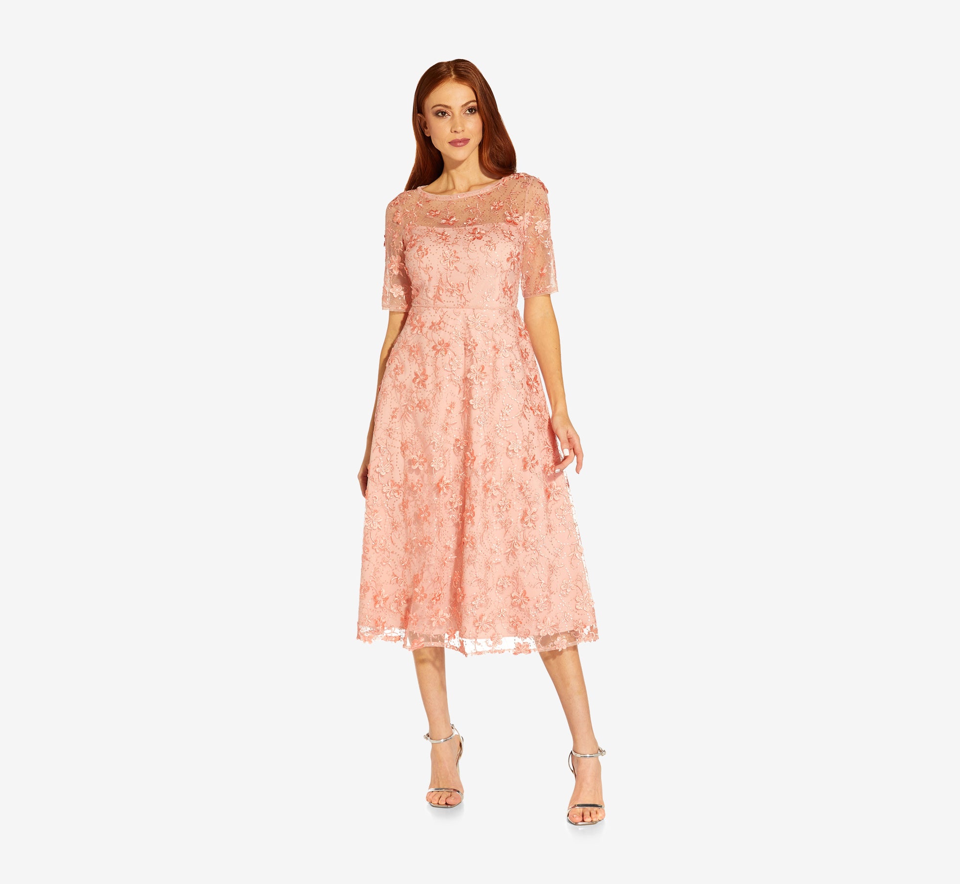 Pink 3D Floral Embroidered And Hand-Sequined Tea-Length Fit-And Flare Cockt - Adrianna Papell Pink 3D Floral Embroidered And Hand-Sequined Tea-Length Fit-And Flare Cockt - Adrianna Papell