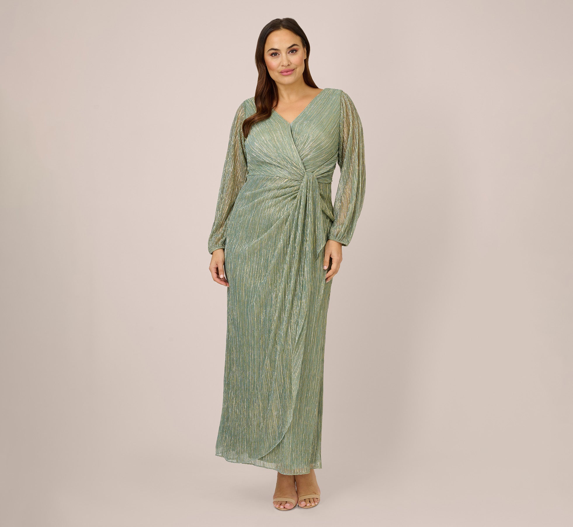 Plus Size Metallic Crinkled Mesh Draped Long Gown In Green Slate - Adrianna Papell Plus Size Metallic Crinkled Mesh Draped Long Gown In Green Slate - Adrianna Papell
