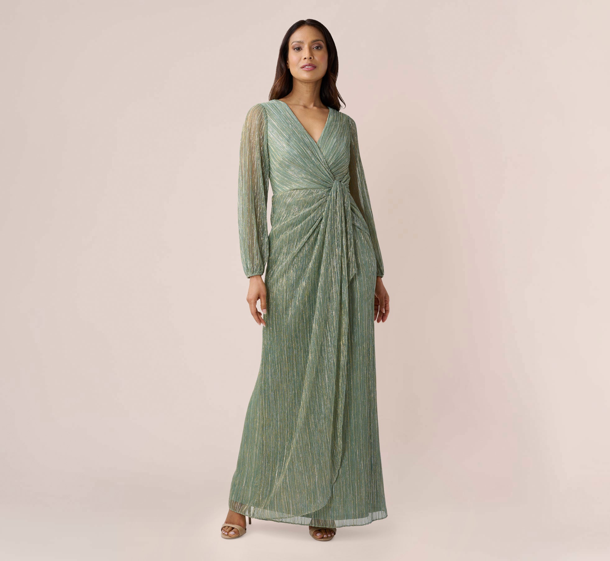 Adrianna Papell Metallic Crinkled Mesh Draped Long Gown - Green Slate Adrianna Papell Metallic Crinkled Mesh Draped Long Gown - Green Slate