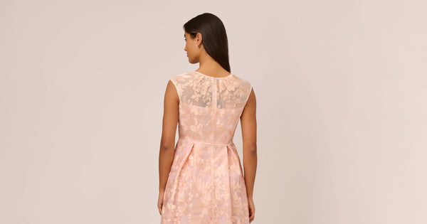 Embroidered Fit And Flare Midi Dress With Sheer Neckline In Apricot Ice