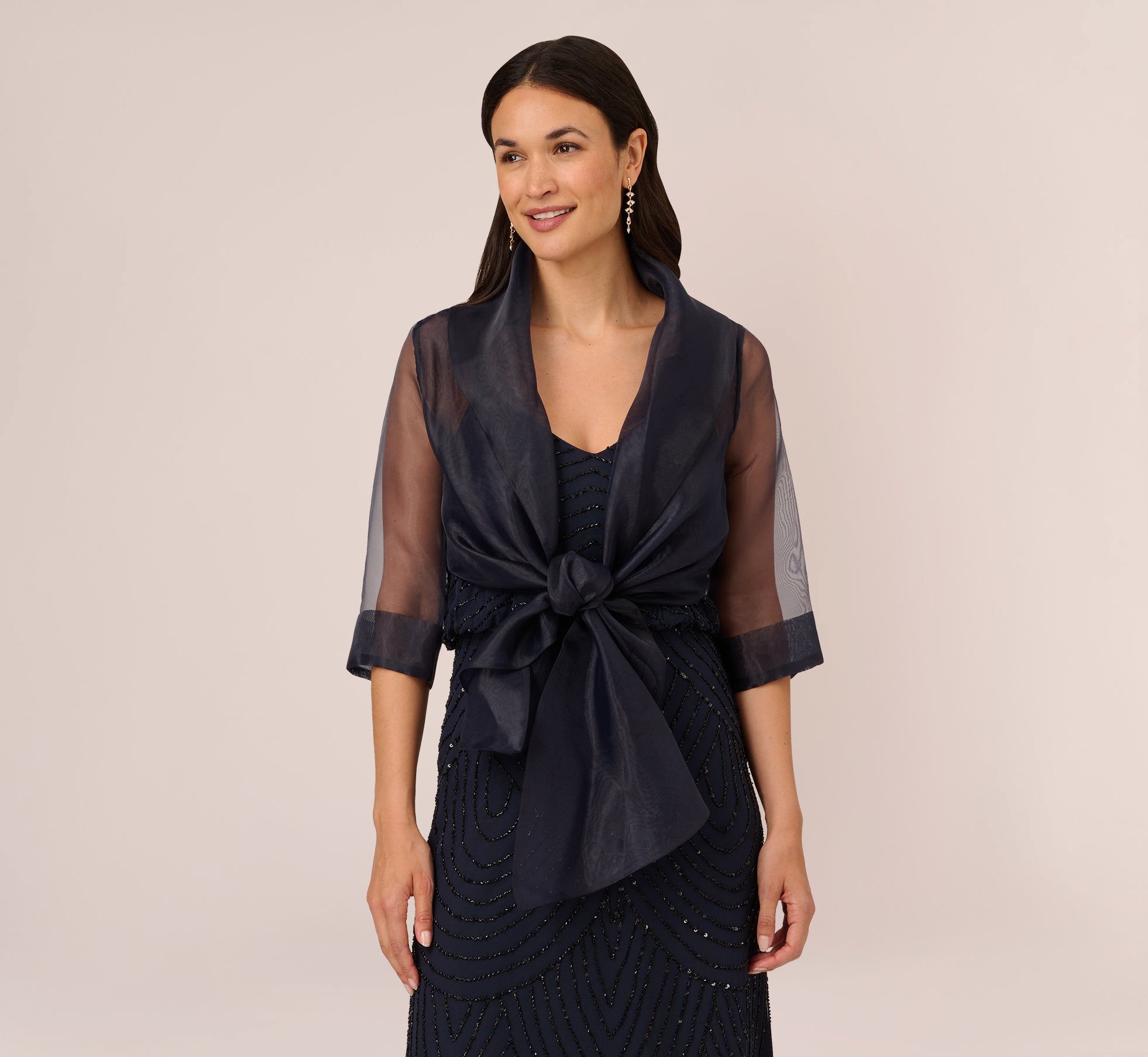 Organza Wrap Jacket With Short Sleeves In Midnight - Adrianna Papell Organza Wrap Jacket With Short Sleeves In Midnight - Adrianna Papell