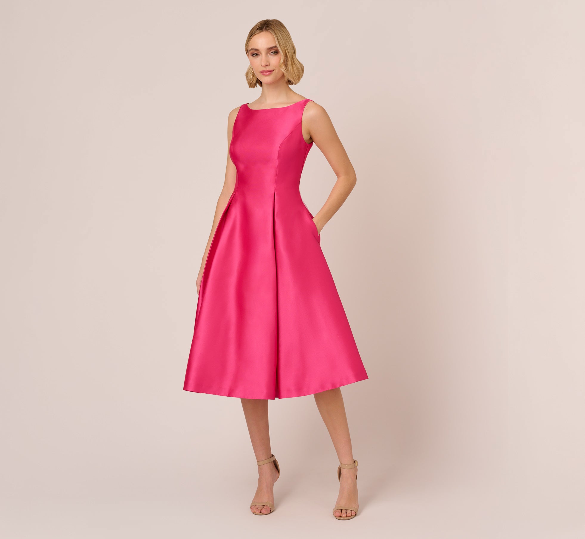 Sleeveless Mikado Fit And Flare Midi Dress With V-Back In Electric Pin - Adrianna Papell Sleeveless Mikado Fit And Flare Midi Dress With V-Back In Electric Pin - Adrianna Papell