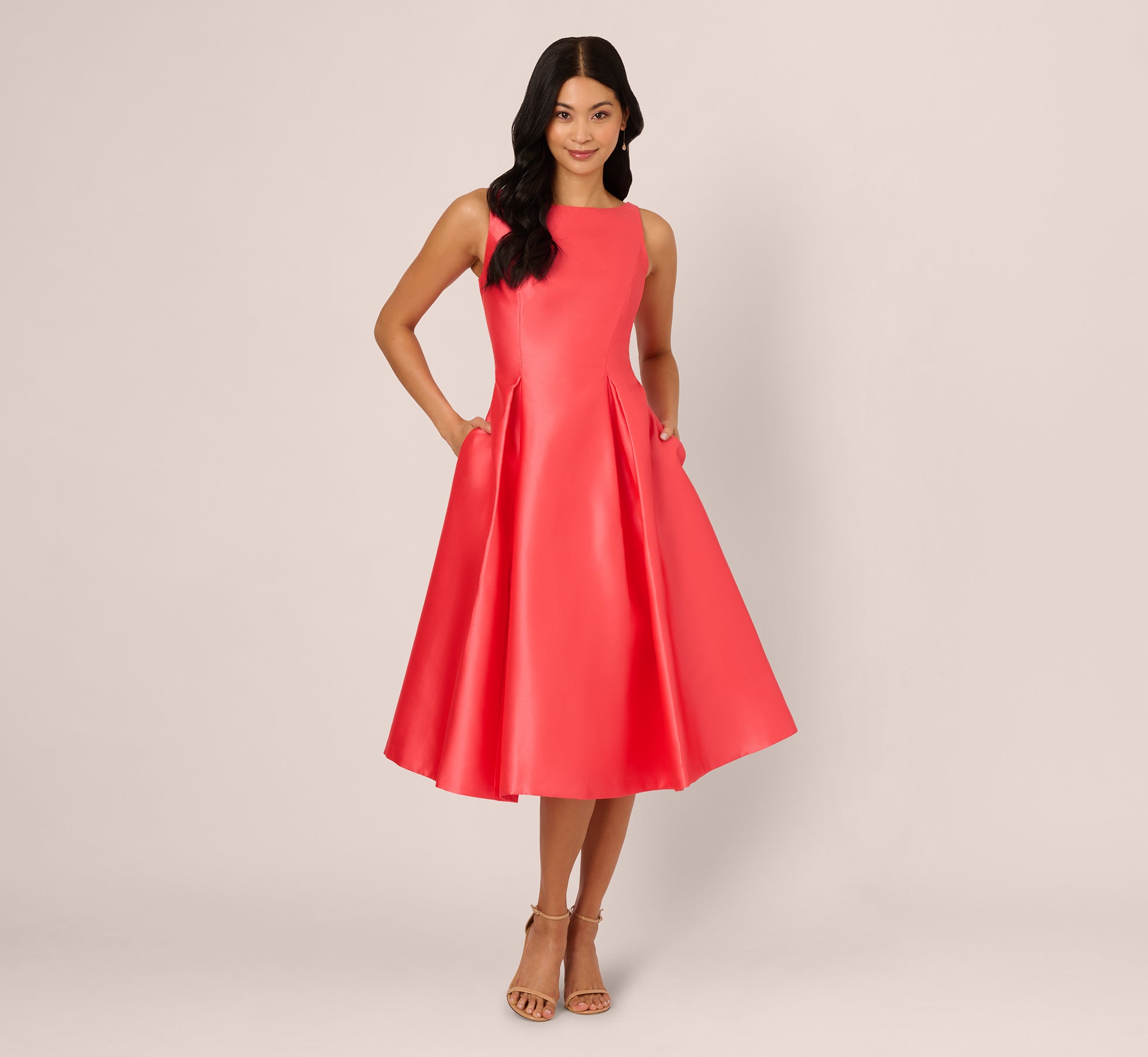 slim fit dress slacks Sleeveless Mikado Fit And Flare Midi Dress With V-Back In Desert Flowe