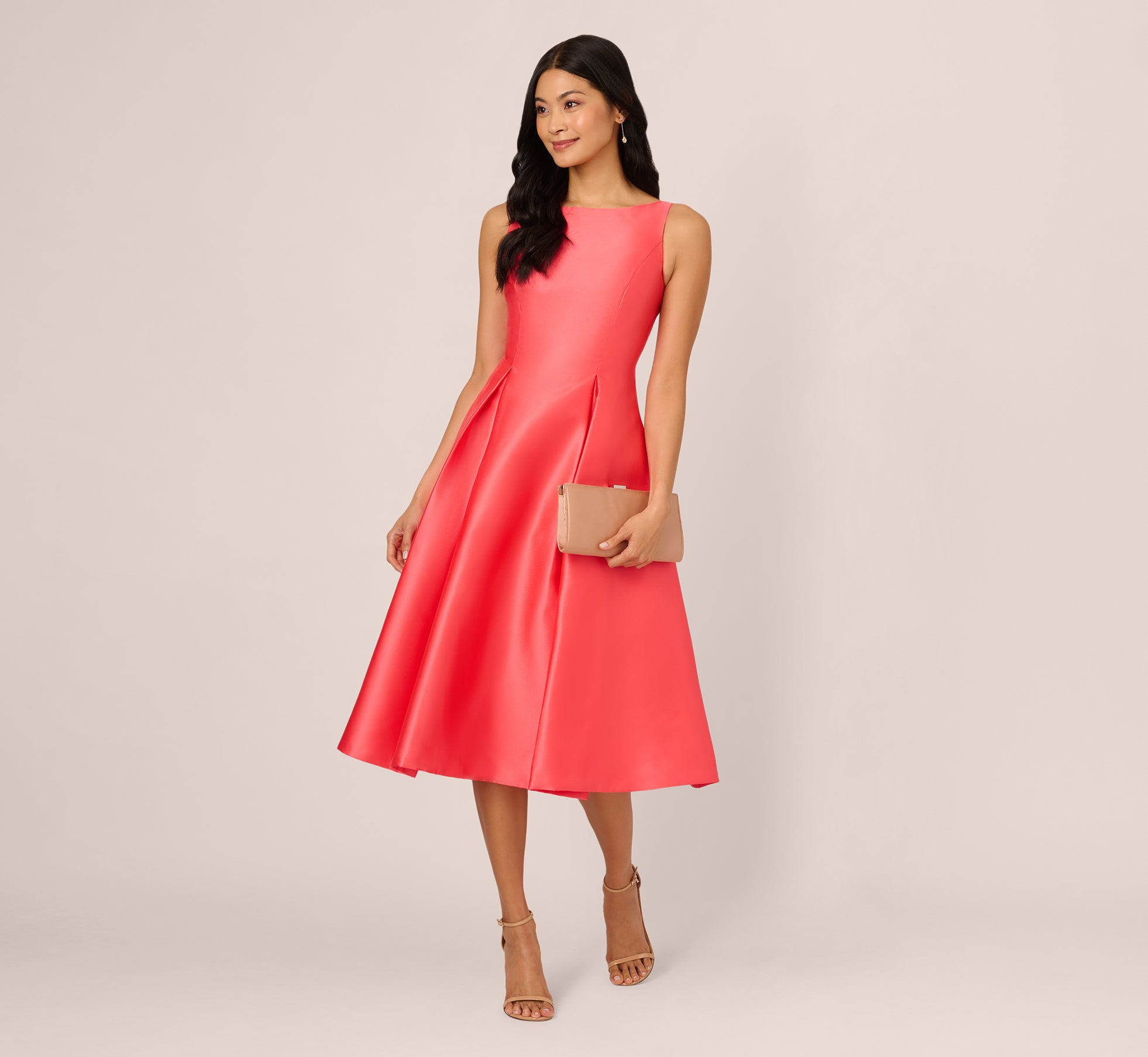 Pink Sleeveless Mikado Fit And Flare Midi Dress With V-Back - Adrianna Papell Pink Sleeveless Mikado Fit And Flare Midi Dress With V-Back - Adrianna Papell