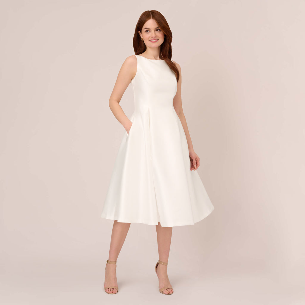 Sleeveless Mikado Fit And Flare Midi Dress With V-Back In Ivory