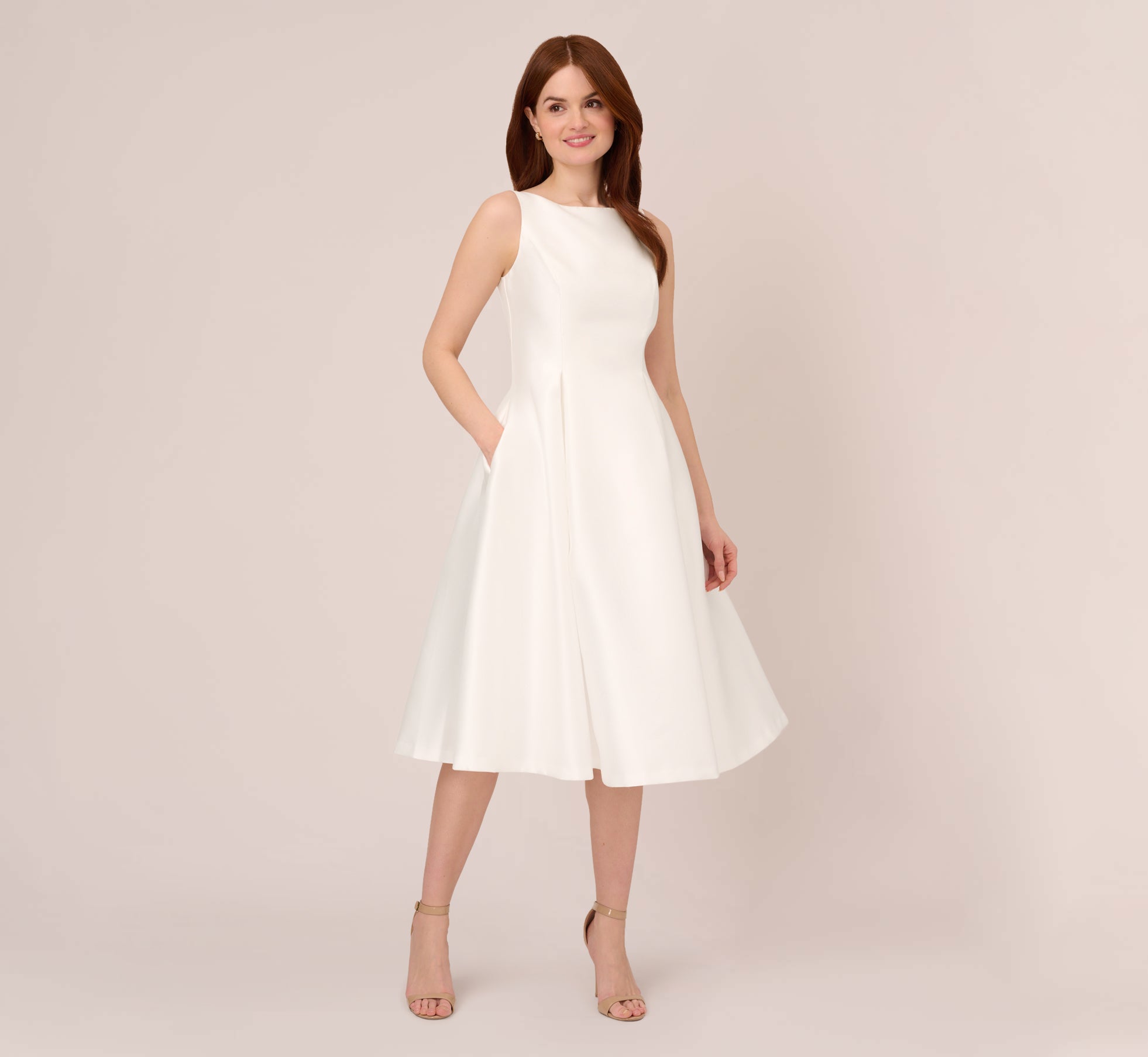 White Sleeveless Mikado Fit And Flare Midi Dress With V-Back - Adrianna Papell White Sleeveless Mikado Fit And Flare Midi Dress With V-Back - Adrianna Papell