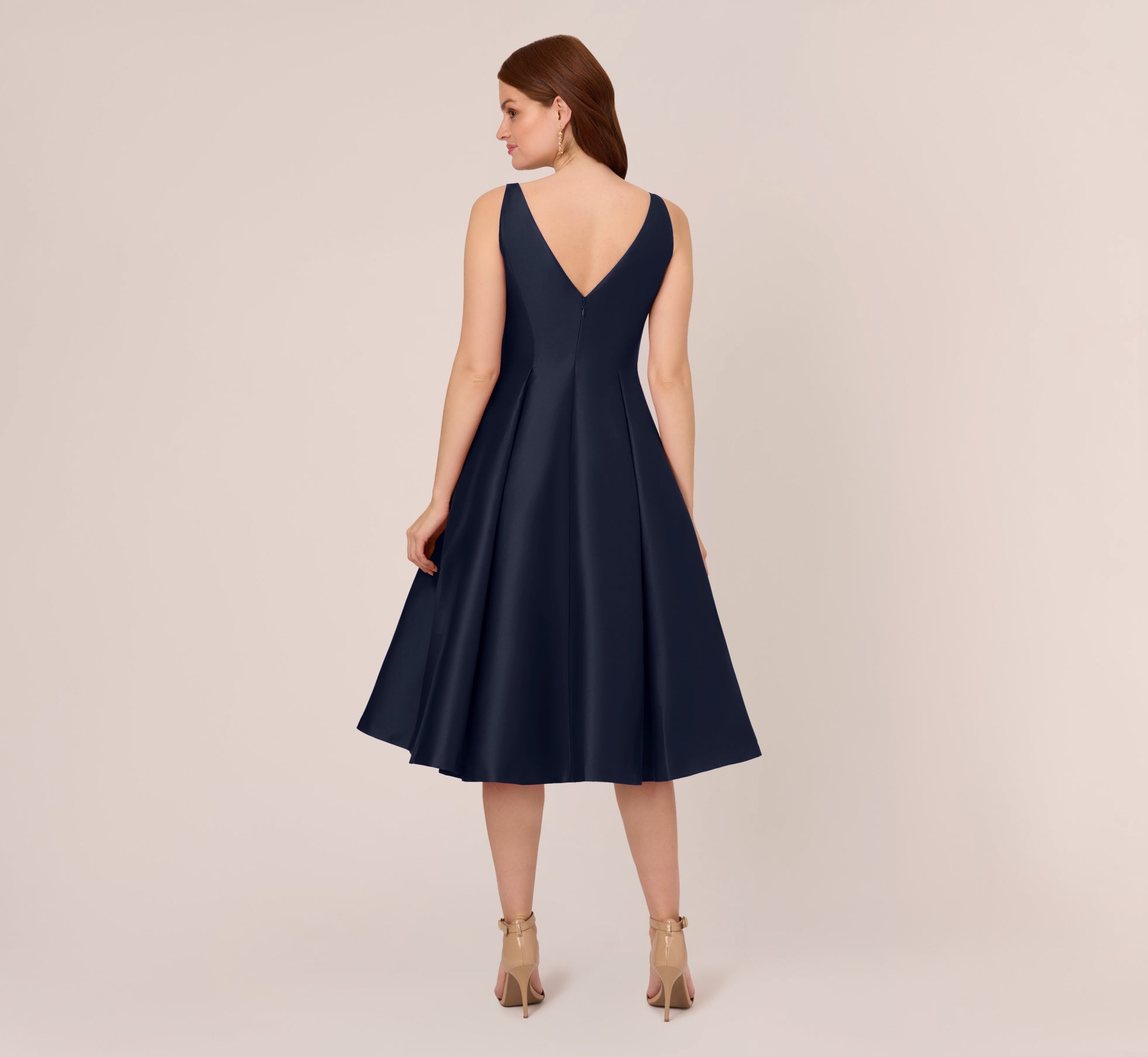 Sleeveless Mikado Fit And Flare Midi Dress With V-Back In Midnight - Adrianna Papell Sleeveless Mikado Fit And Flare Midi Dress With V-Back In Midnight - Adrianna Papell