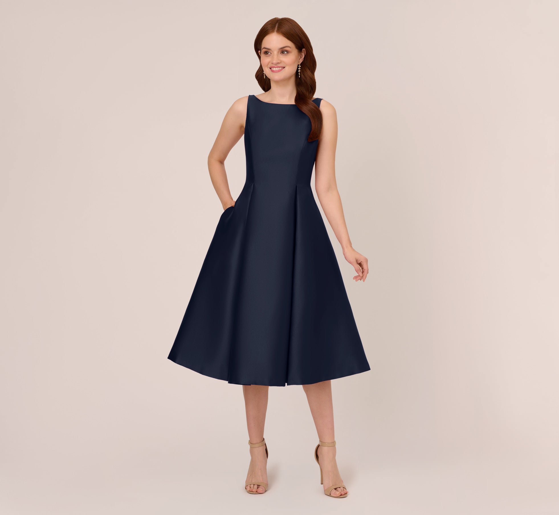 Sleeveless Mikado Fit And Flare Midi Dress With V-Back In Midnight Sleeveless Mikado Fit And Flare Midi Dress With V-Back In Midnight