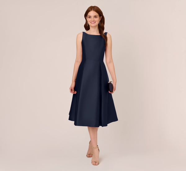 Sleeveless Mikado Fit And Flare Midi Dress With V-Back In Midnight Sleeveless Mikado Fit And Flare Midi Dress With V-Back In Midnight