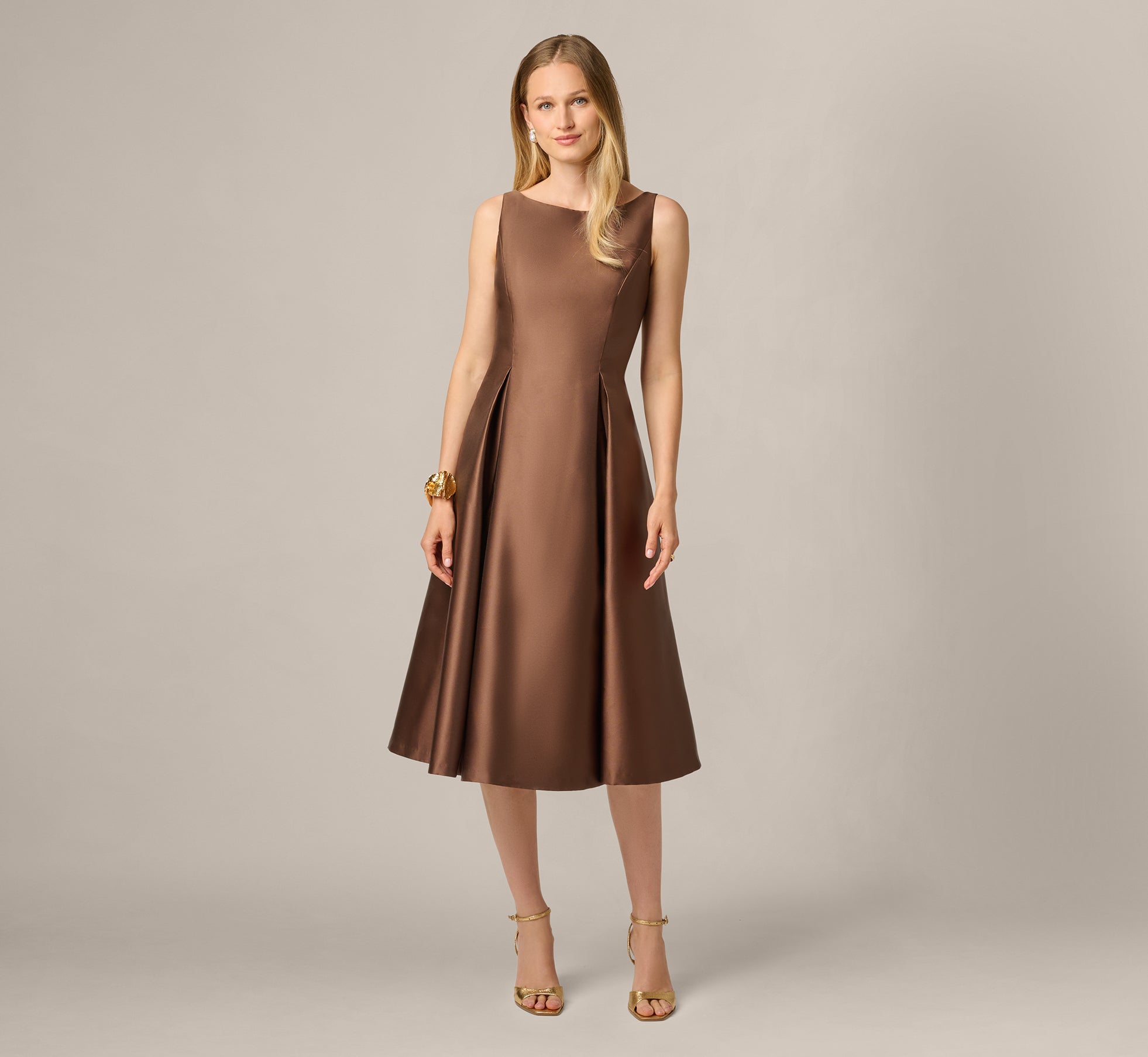 Espresso Sleeveless Mikado Fit And Flare Midi Dress With V-Back
