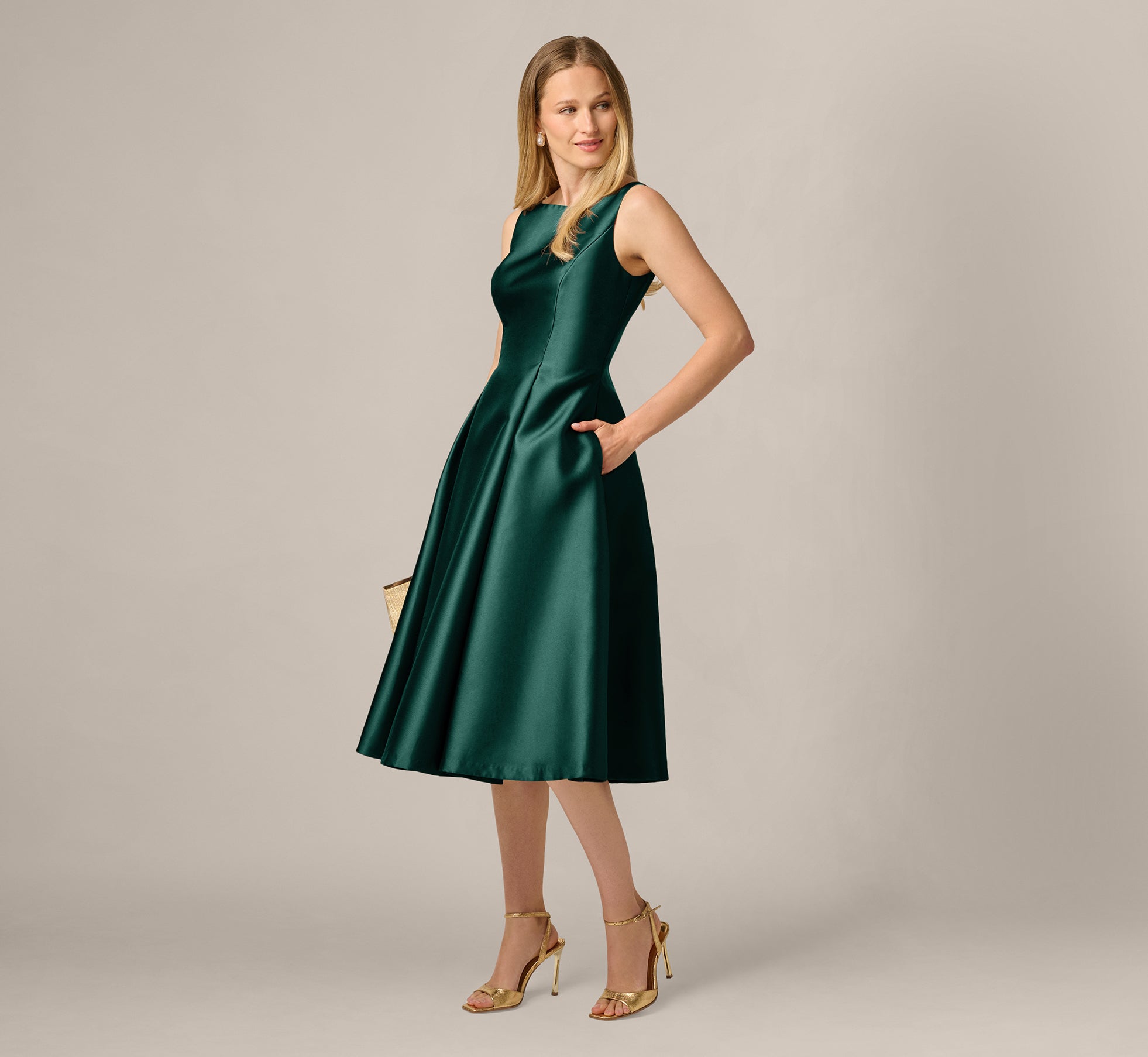 Sleeveless Mikado Fit And Flare Midi Dress With V-Back In Dark Forest 1