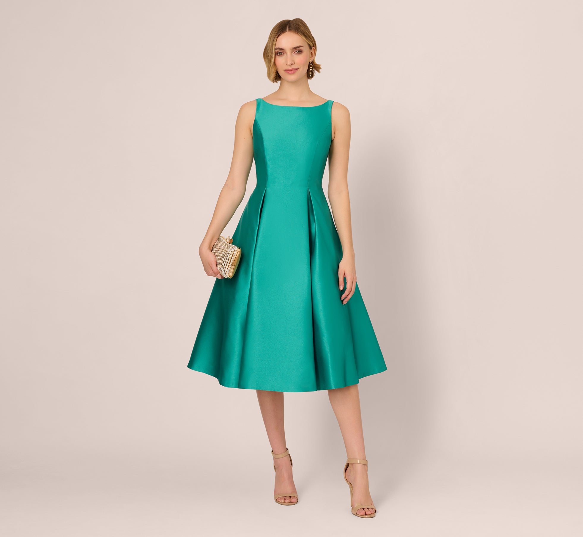 Sleeveless Mikado Fit And Flare Midi Dress With V-Back In Botanic Green 1