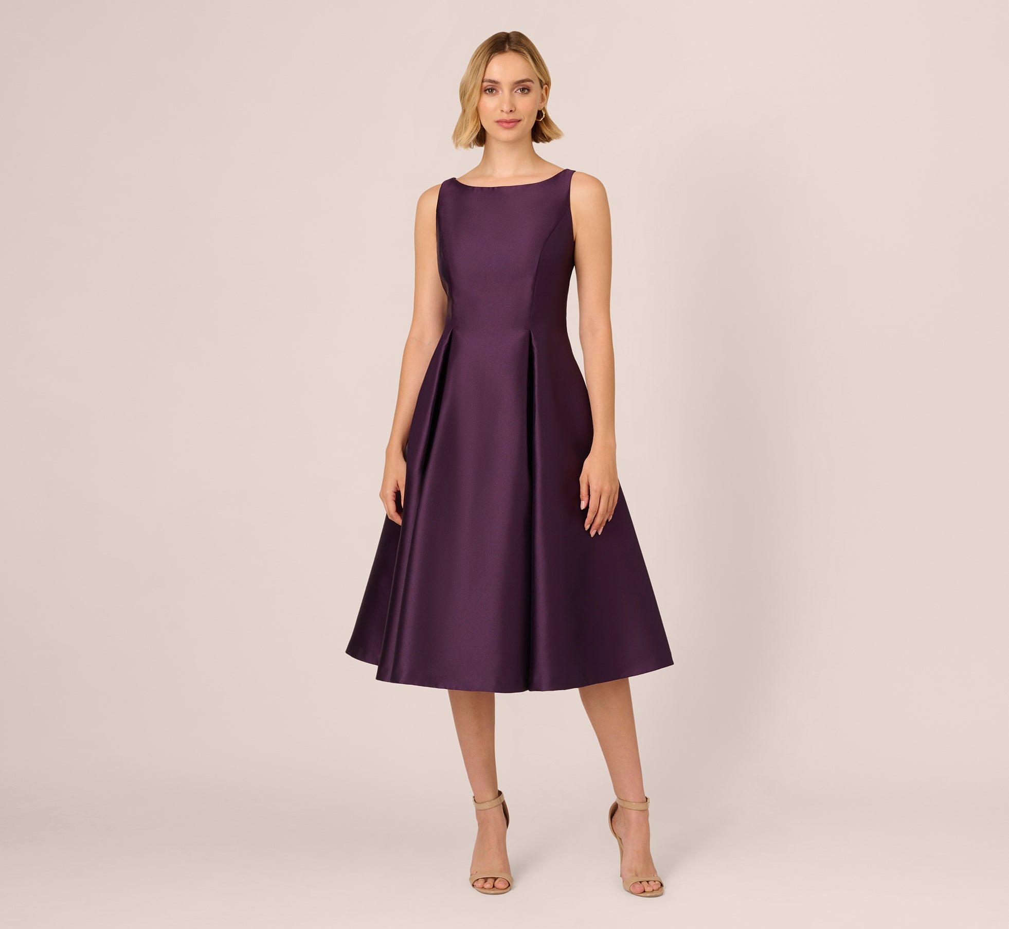 Luxe Plum Sleeveless Mikado Fit And Flare Midi Dress With V-Back - Adrianna Papell Luxe Plum Sleeveless Mikado Fit And Flare Midi Dress With V-Back - Adrianna Papell