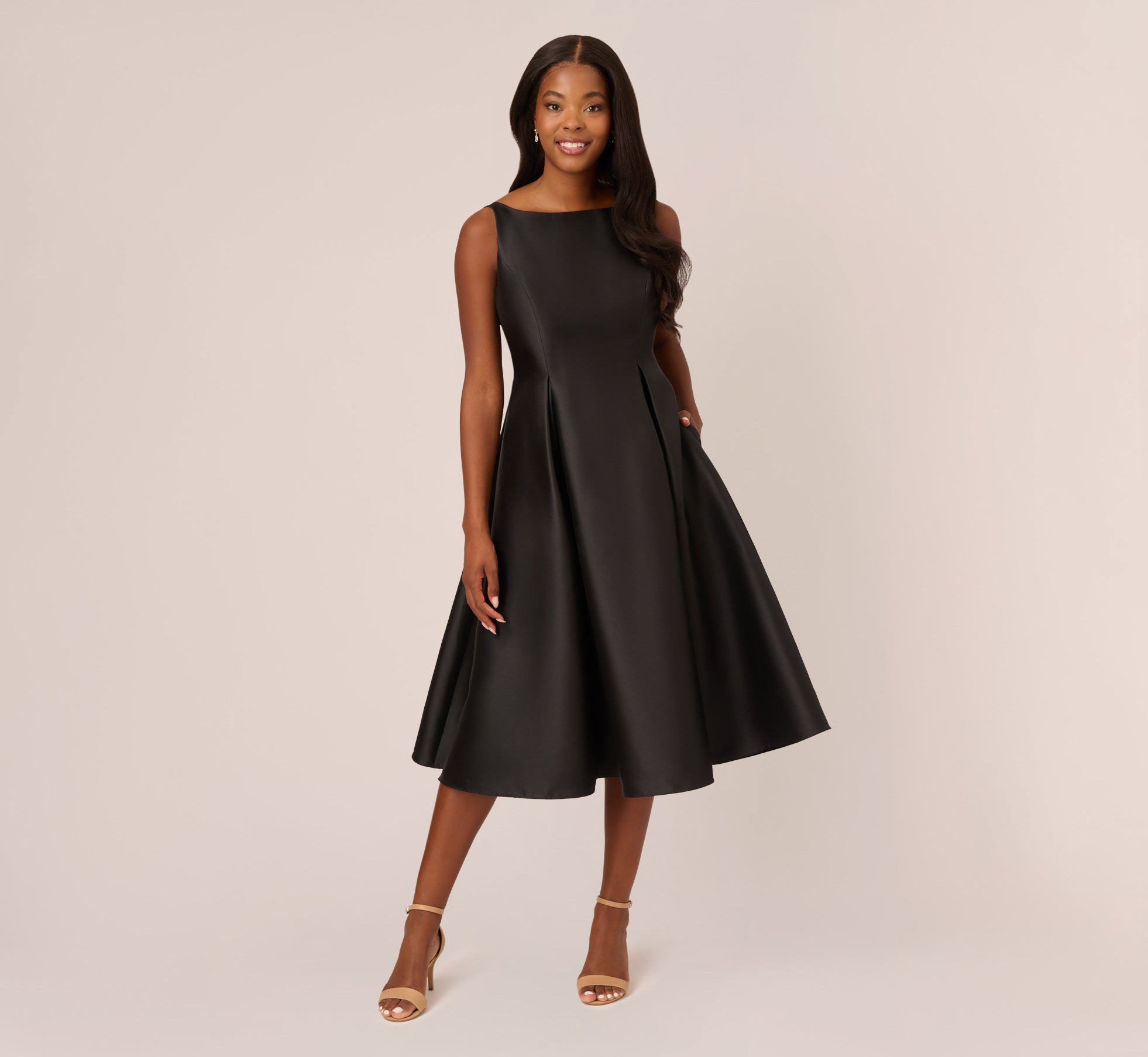 Black Sleeveless Mikado Fit And Flare Midi Dress With V-Back - Adrianna Papell Black Sleeveless Mikado Fit And Flare Midi Dress With V-Back - Adrianna Papell