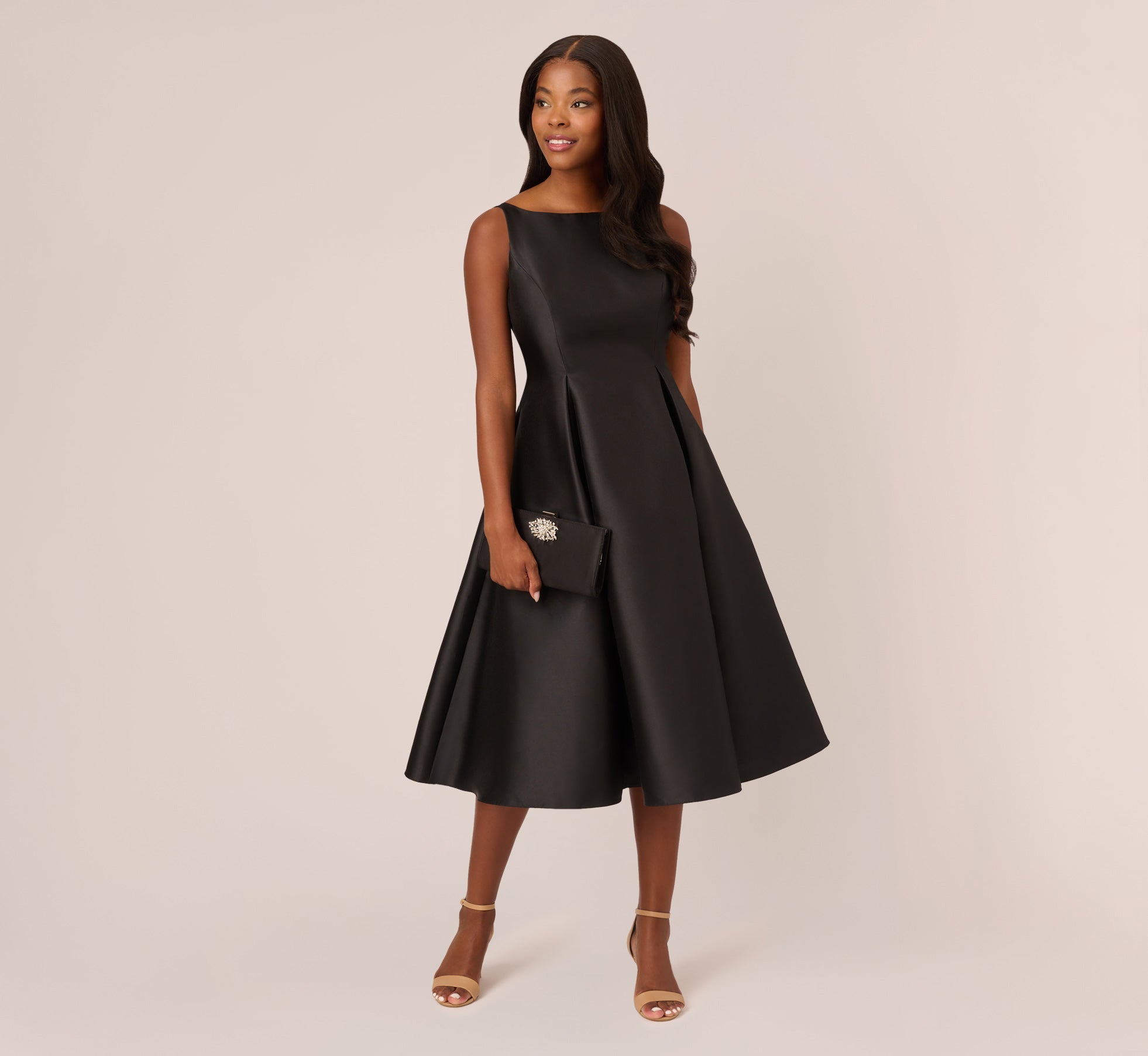 Black Sleeveless Mikado Fit And Flare Midi Dress With V-Back - Adrianna Papell Black Sleeveless Mikado Fit And Flare Midi Dress With V-Back - Adrianna Papell