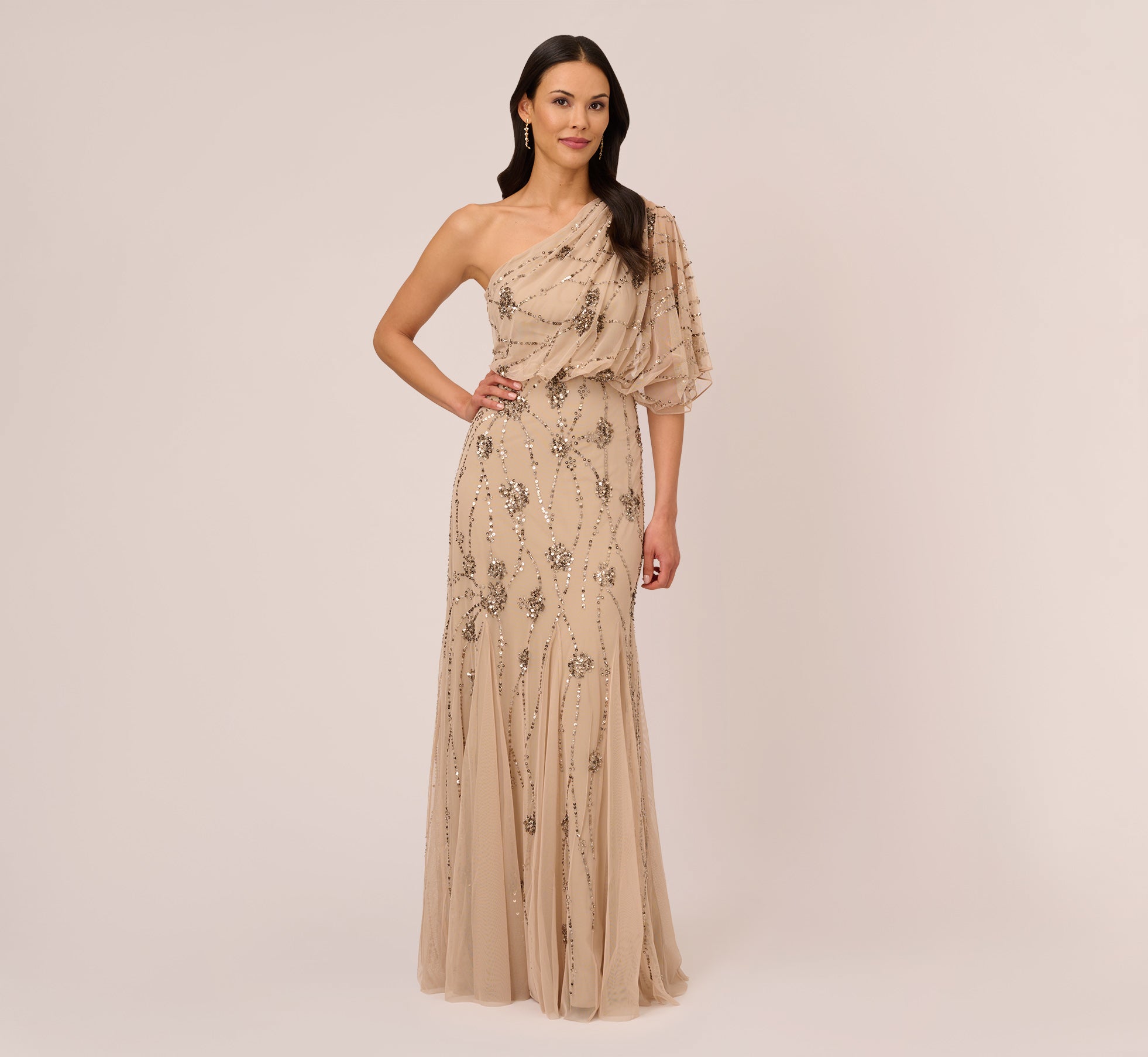 One Shoulder Beaded Gown In Nude