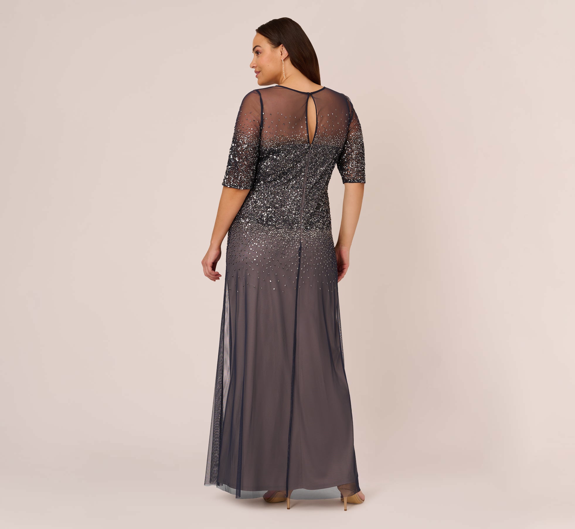 Plus Size Beaded Illusion Gown In Navy | Adrianna Papell