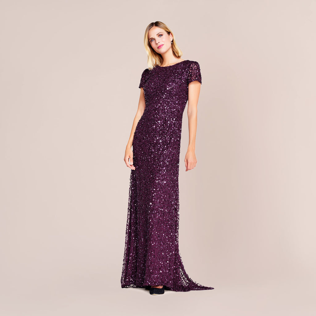 Scoop Back Sequin Gown In Cabernet | Adrianna Papell