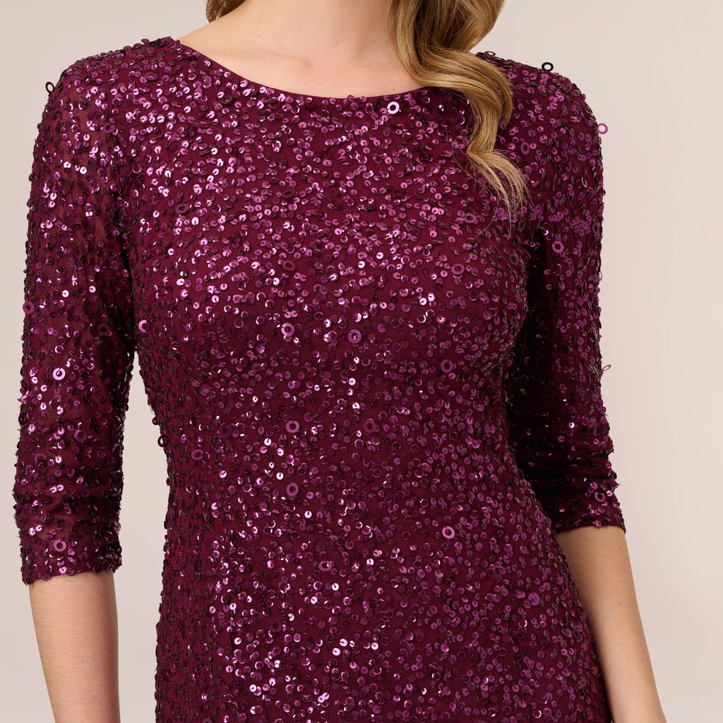 Scoop Back Sequin Gown With Three Quarter Sleeves In Cabernet ...