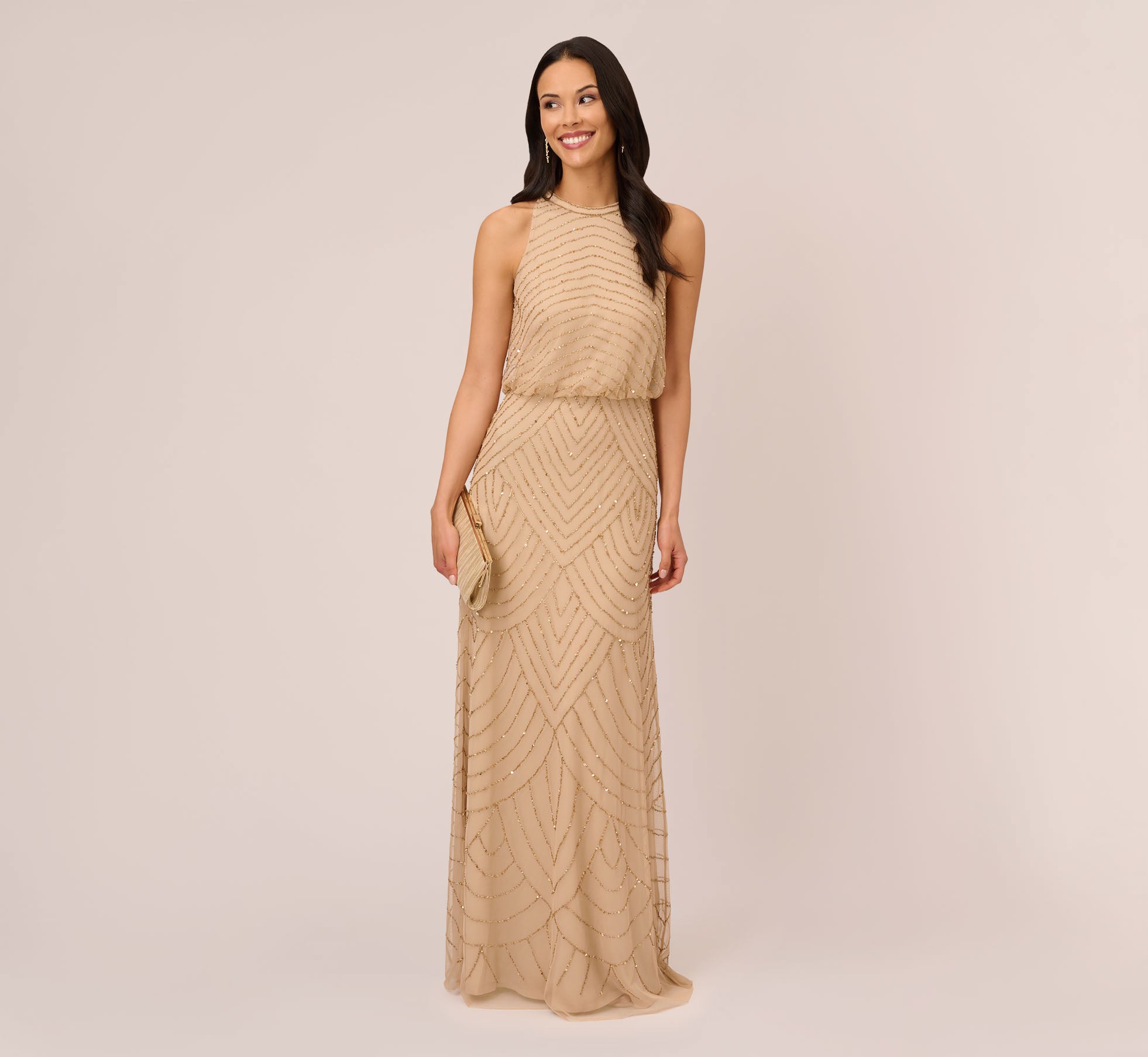 Art Deco Beaded Blouson Dress With Halter Neckline In Champagne Gold 1