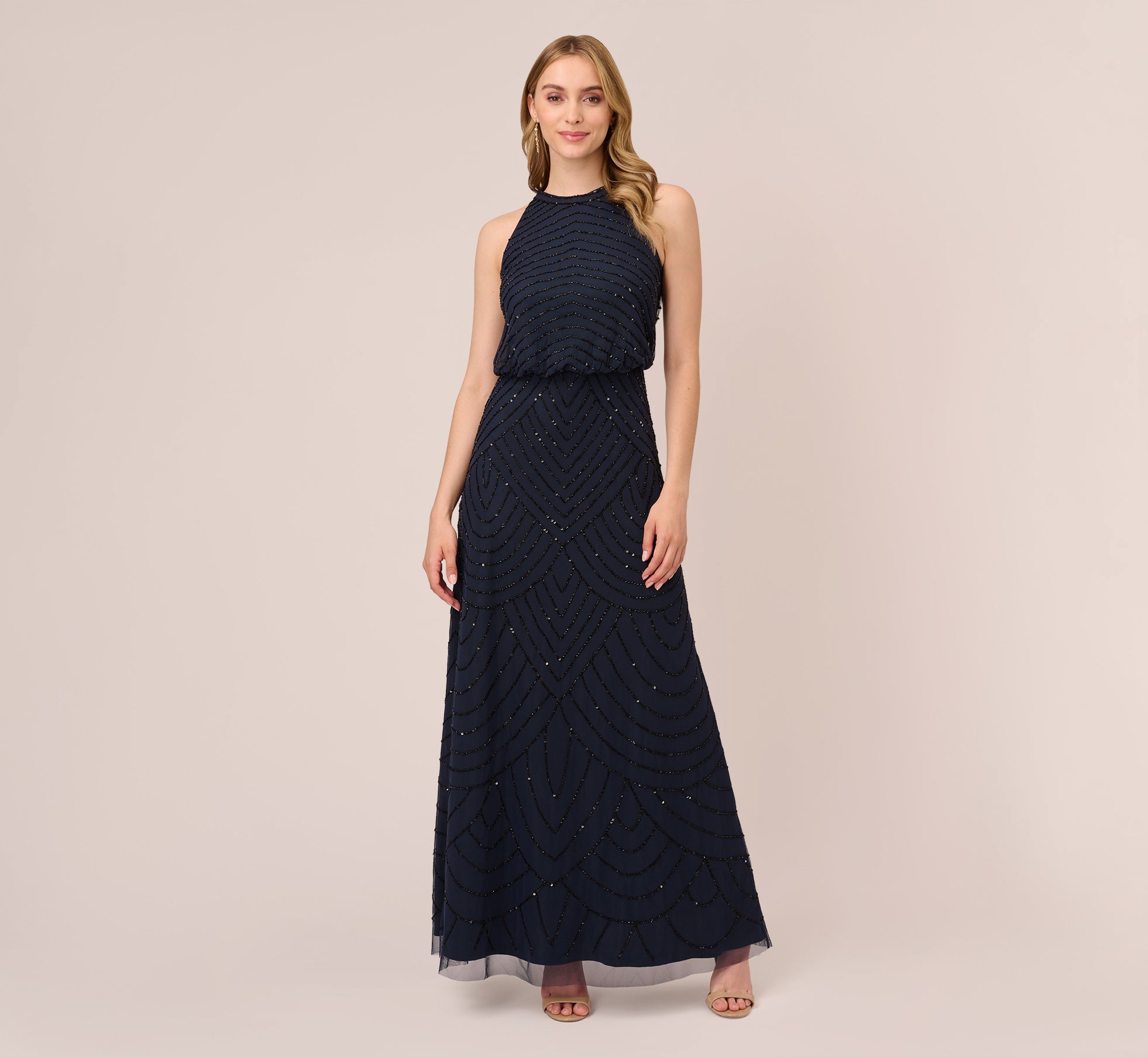 Adrianna Papell Art Deco Beaded Blouson Dress With Halter Neckline - Navy/Black Adrianna Papell Art Deco Beaded Blouson Dress With Halter Neckline - Navy/Black