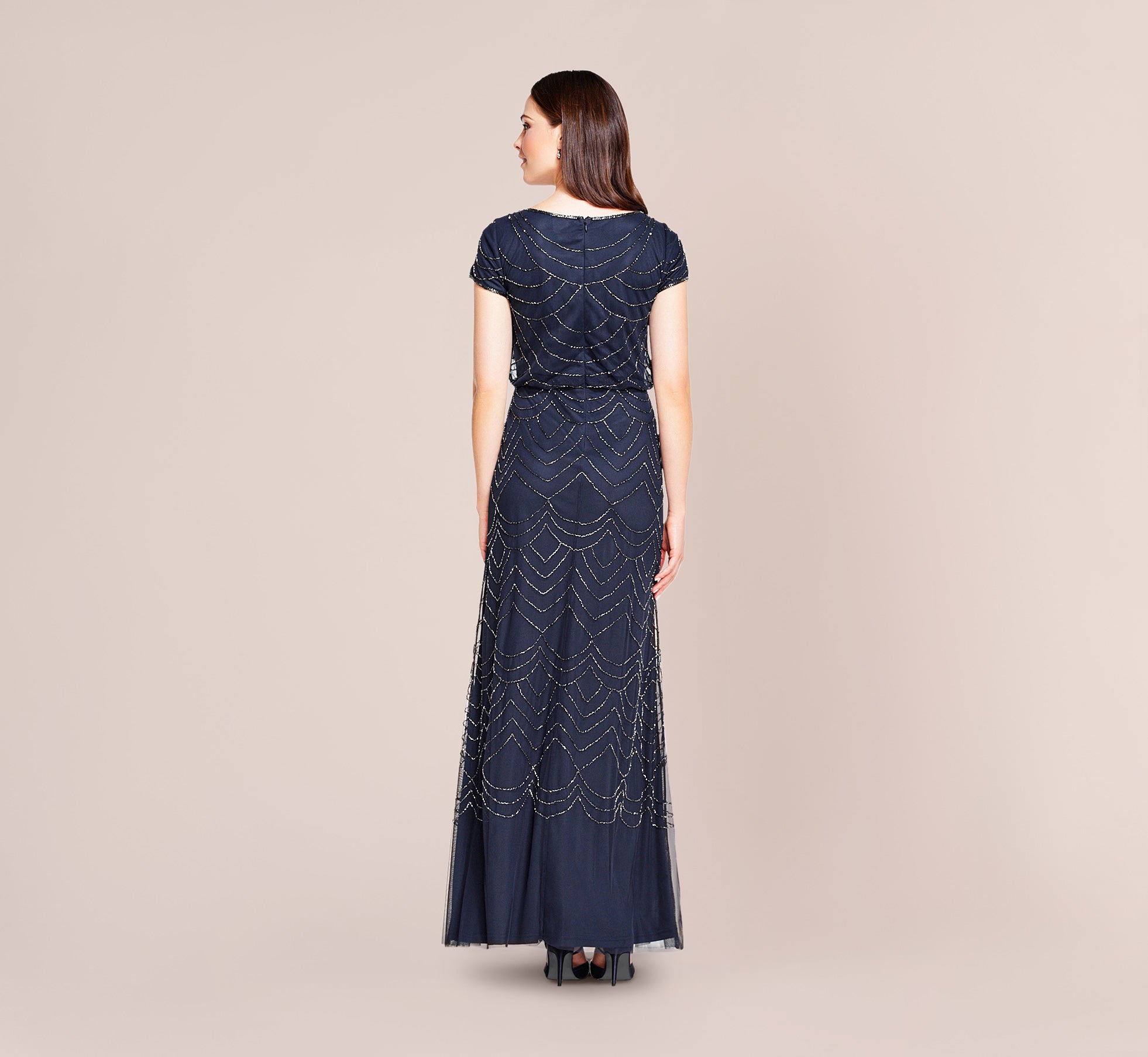 Adrianna Papell Short Sleeve Beaded Blouson Gown
