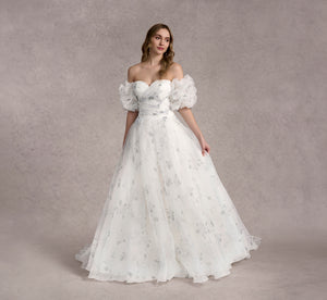 Printed Strapless Organza Ball Gown With Removable Puff Sleeves In Ivory/Ivory/Multi In Ivory Ivory Multi