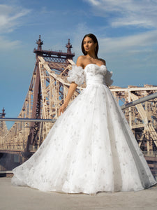 Printed Strapless Organza Ball Gown With Removable Puff Sleeves In Ivory/Ivory/Multi In Ivory Ivory Multi