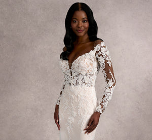 Off-The-Shoulder Lace And Tulle Fit And Flare Gown In Ivory/Almond/Nude In Ivory Almond Nude