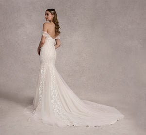 Lace And Tulle Fit And Flare Gown In Ivory/Almond In Ivory Almond