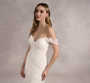 Lace And Tulle Fit And Flare Gown In Ivory/Almond In Ivory Almond