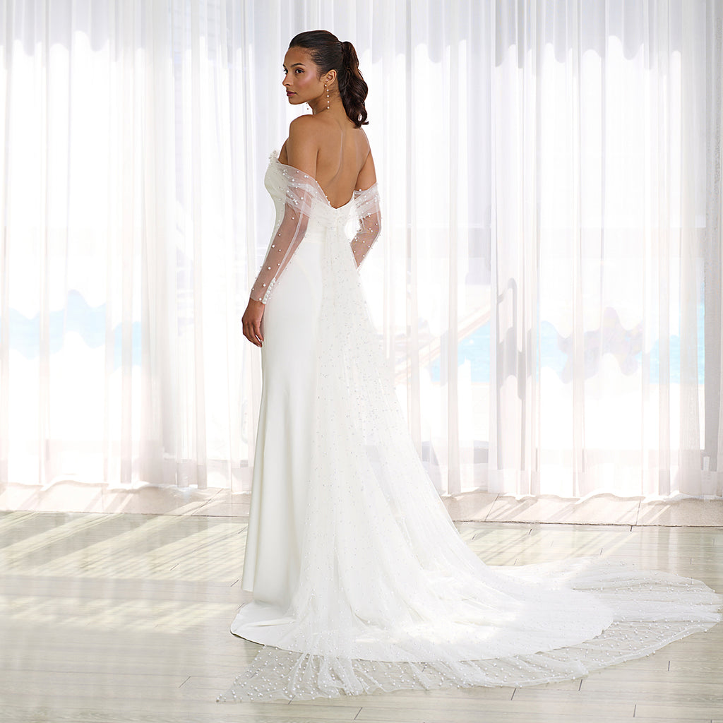 Pearl Studded Strapless Sheath Wedding Gown In Ivory