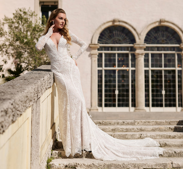 knee length dresses for ladies Square Neck Long Sleeve French Lace Wedding Dress with Trumpet Ruffle Skirt main image 1
