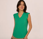 V-Neck Top With Pleated Flutter Sleeves In Simply Green 1