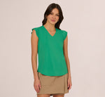 V-Neck Top With Pleated Flutter Sleeves In Simply Green 3