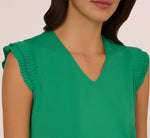 V-Neck Top With Pleated Flutter Sleeves In Simply Green 5