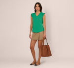 V-Neck Top With Pleated Flutter Sleeves In Simply Green 2