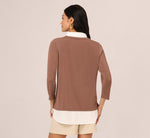 Three Quarter Sleeve Collared Twofer Sweater In Elderberry Ivory 6