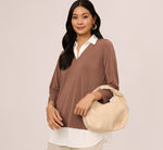 Three Quarter Sleeve Collared Twofer Sweater In Elderberry Ivory 3