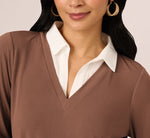 Three Quarter Sleeve Collared Twofer Sweater In Elderberry Ivory 4