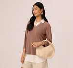 Three Quarter Sleeve Collared Twofer Sweater In Elderberry Ivory 1