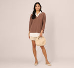 Three Quarter Sleeve Collared Twofer Sweater In Elderberry Ivory 2