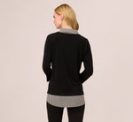 Three Quarter Sleeve Sweater With Button Down Accents In Blackw Black Ivorysmall Stripe 6