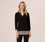 Three Quarter Sleeve Sweater With Button Down Accents In Blackw Black Ivorysmall Stripe 3