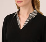 Three Quarter Sleeve Sweater With Button Down Accents In Blackw Black Ivorysmall Stripe 4