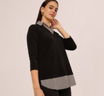 Three Quarter Sleeve Sweater With Button Down Accents In Blackw Black Ivorysmall Stripe 1